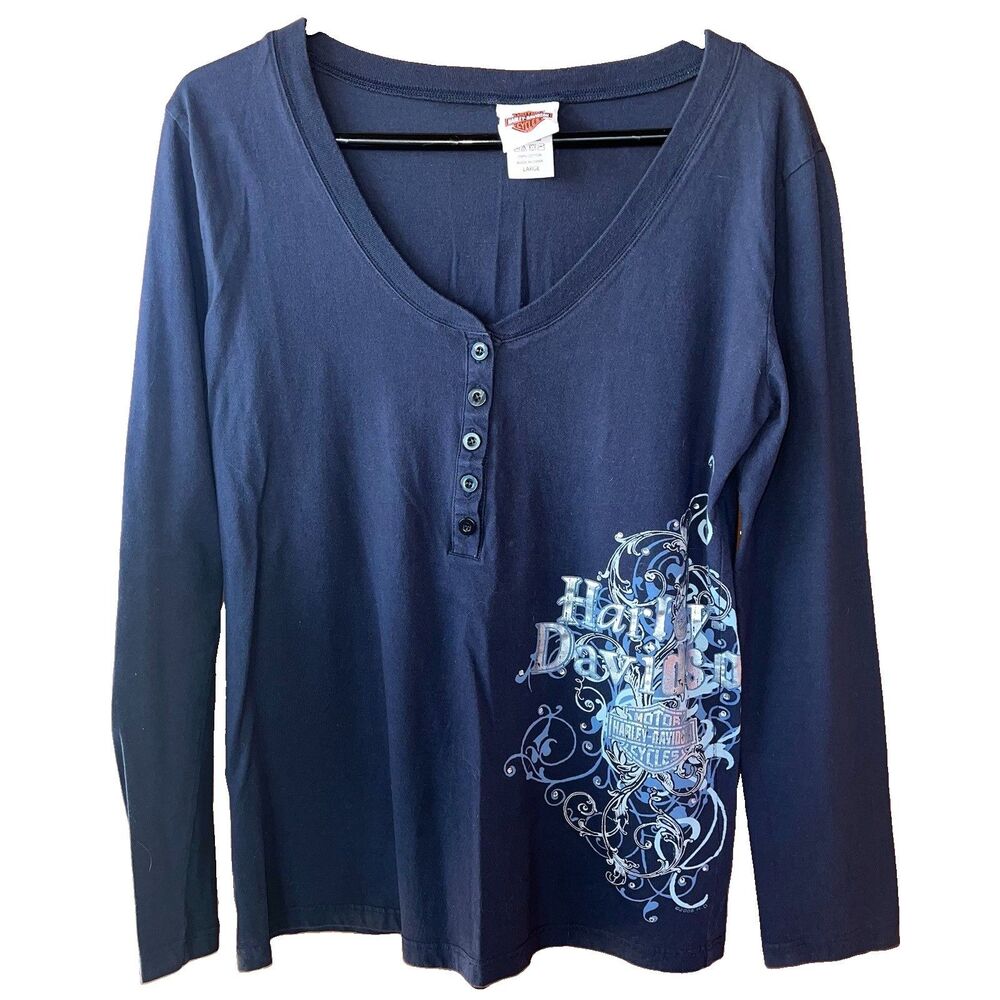 Harley Davidson Navy Blue Long Sleeve V-neck Shirt Santa Fe Large